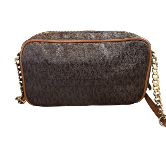 Michael Kors Jet Set Brown MK Signature Crossbody Bag Leather Trim Gold Hardware - Picture 5 of 13